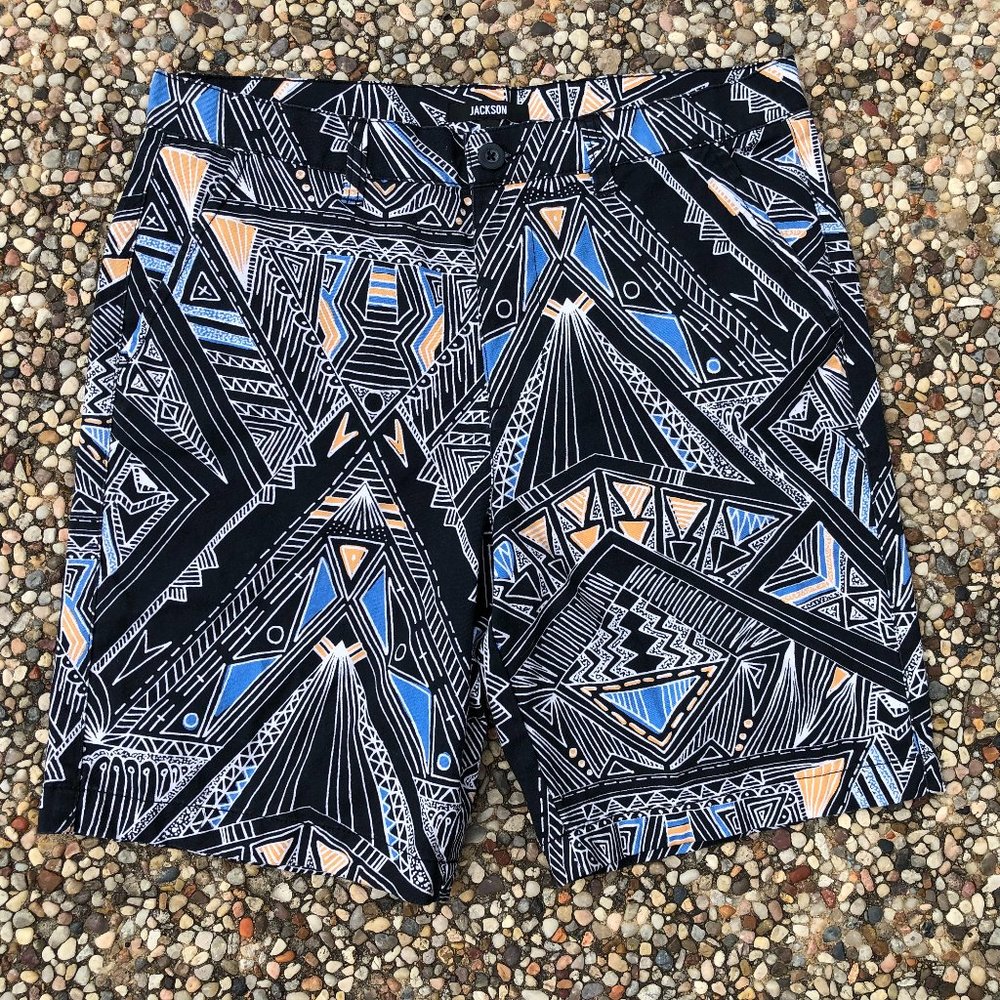 Jackson Bermuda Shorts Black Geometric Print Flat Front Cotton Men's Size 32